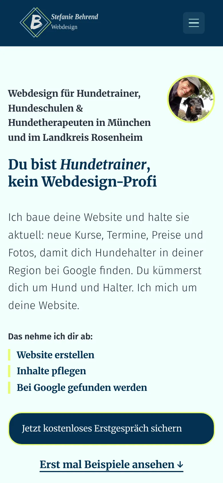 Dieselbe Startseite auf dem Smartphone mit Überschrift, Leistungsliste und Button für das kostenlose Erstgespräch.
