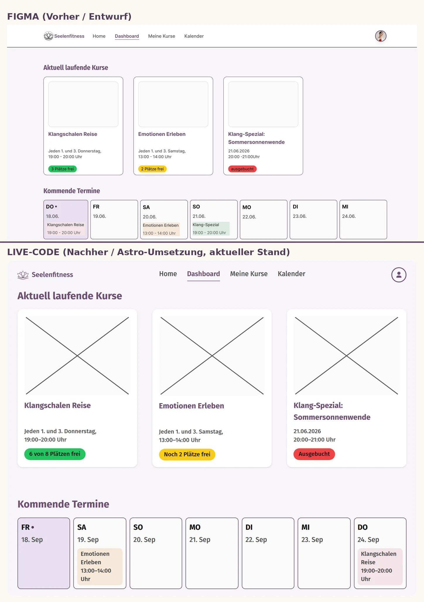 Vorher-Nachher-Vergleich: oben der Figma-Entwurf, unten die fertige Astro-Umsetzung des Seelenfitness-Dashboards. Header, die drei Kurskarten und die Terminübersicht stimmen in Layout, Texten und Farben überein.