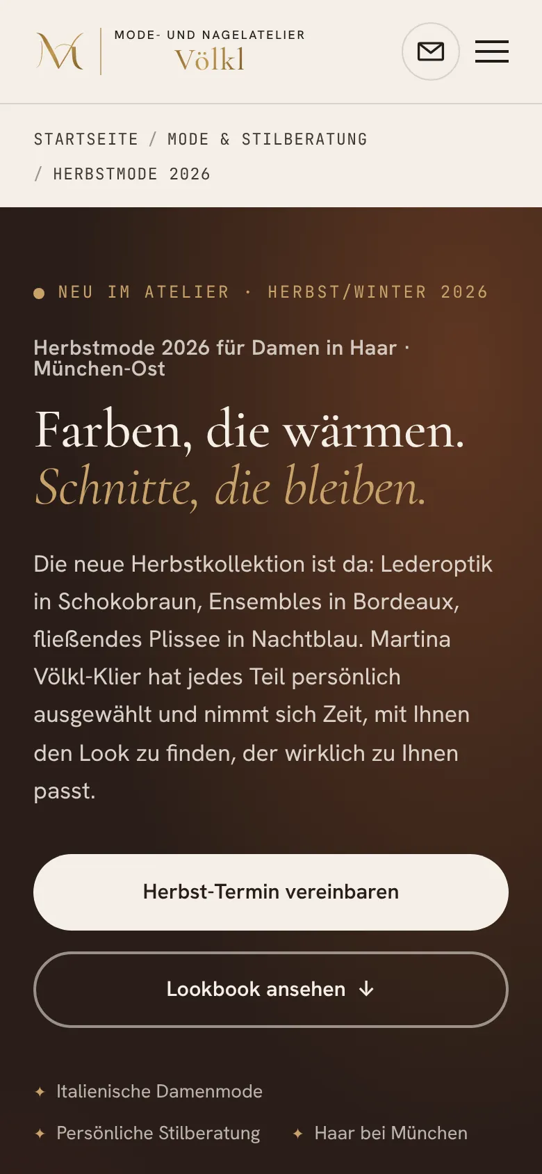 Herbst-Landingpage auf dem Smartphone mit Überschrift, Einleitungstext und zwei Buttons.